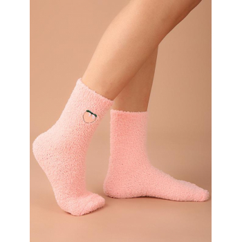 Fashion Women Peach Embroidered Fleece Ankle Socks