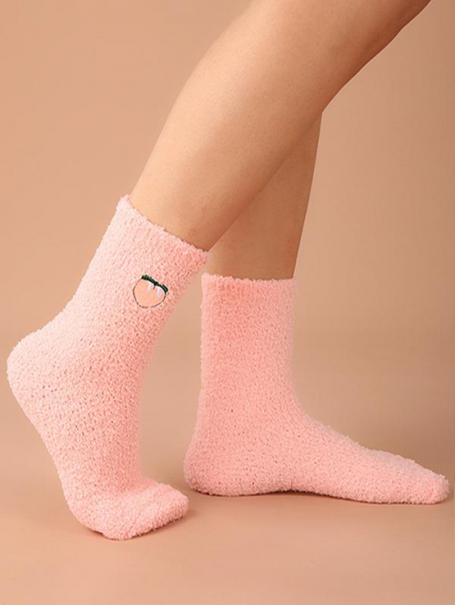 Fashion Women Peach Embroidered Fleece Ankle Socks