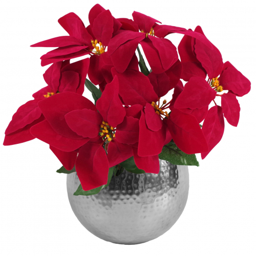 Leaf Design Artificial Christmas Xmas Red Poinsettia 40cm Silver Curved Metal Planter