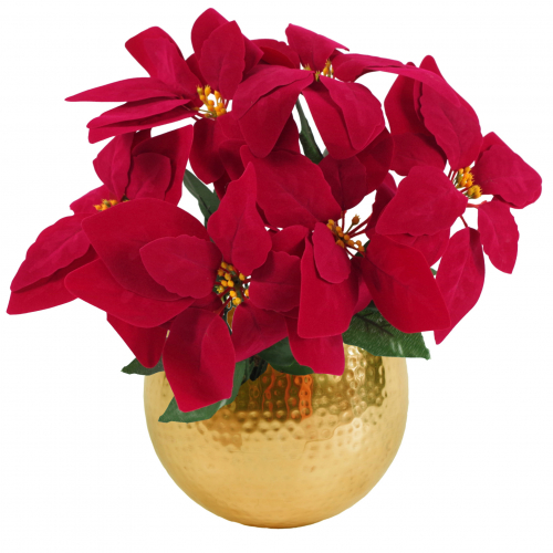 Leaf Design Artificial Christmas Xmas Red Poinsettia 40cm Gold Curved Metal Planter