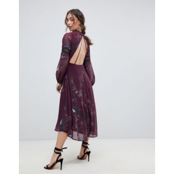 Hope & Ivy long sleeve open back midi dress with crochet trim in bird print