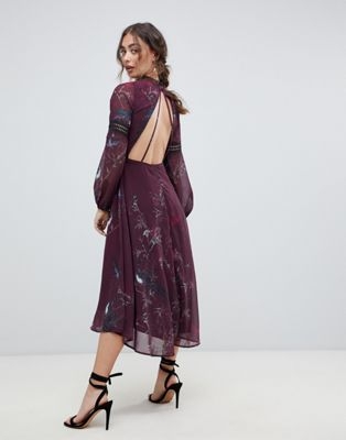 Hope & Ivy long sleeve open back midi dress with crochet trim in bird print