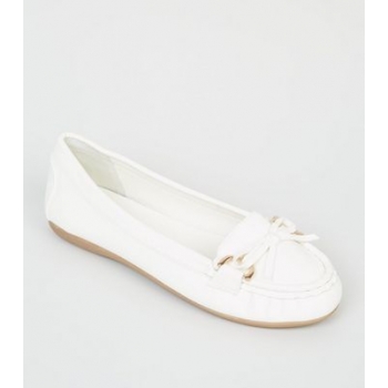 Wide Fit White Leather-Look Moccasin Loafers