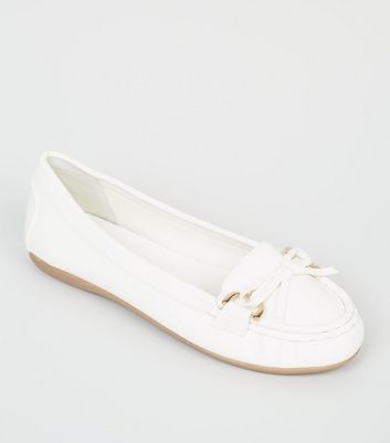 Wide Fit White Leather-Look Moccasin Loafers