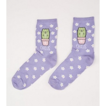 Lilac Floral Pattern Catcus Slogan Socks