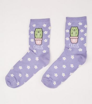 Lilac Floral Pattern Catcus Slogan Socks