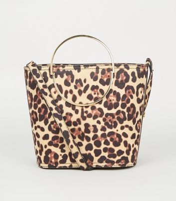 Brown Leopard Print Half Circle Bucket Bag