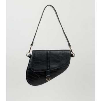 Black Faux Croc Asymmetric Saddle Bag