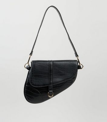 Black Faux Croc Asymmetric Saddle Bag