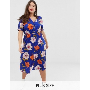 Influence Plus floral midi dress with shirred sleeves