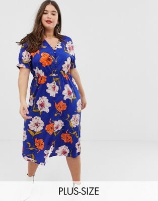 Influence Plus floral midi dress with shirred sleeves