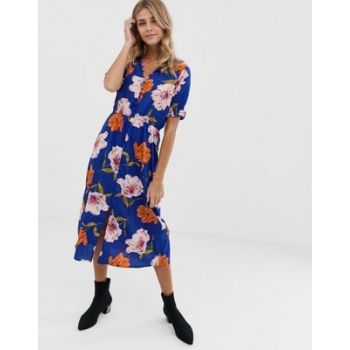 Influence floral midi dress with shirred sleeves