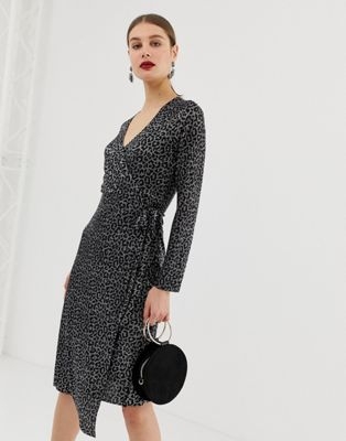 River Island plisse wrap dress in metallic leopard print