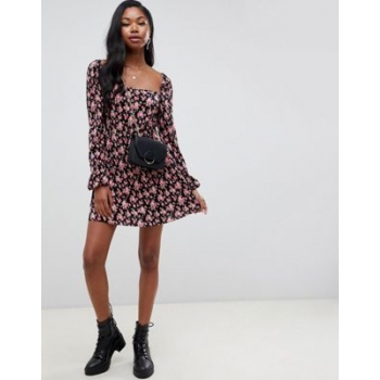 ASOS DESIGN mini plisse skater dress with square neck in floral print