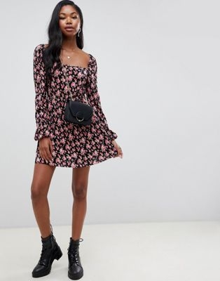 ASOS DESIGN mini plisse skater dress with square neck in floral print