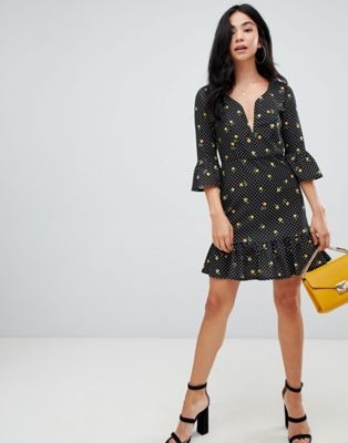 ASOS DESIGN mini dress with plunge in spot and floral