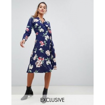 Boohoo exclusive wrap midi dress in blue floral