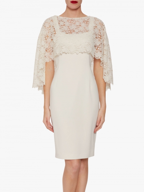 Gina Bacconi Catriona Crepe Dress With Lace Overcape, Butter Cream