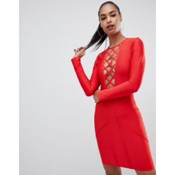 PrettyLittleThing lattice detail bandage bodycon mini dress in red