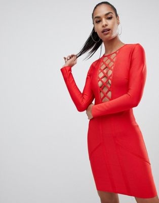 PrettyLittleThing lattice detail bandage bodycon mini dress in red