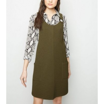 Khaki Crepe Resin Ring Pinafore Dress