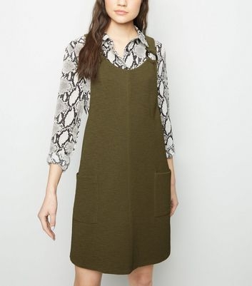 Khaki Crepe Resin Ring Pinafore Dress