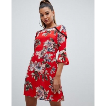 PrettyLittleThing ladder trim frill sleeve dress in red floral