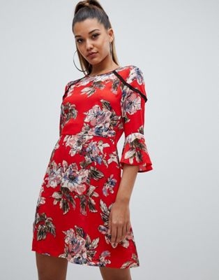 PrettyLittleThing ladder trim frill sleeve dress in red floral