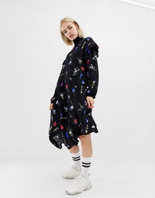 COLLUSION midi dress with high neck floral and asymmetric hem