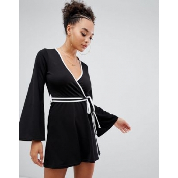 Boohoo contrast binding wrap dress in black