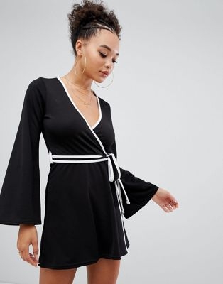 Boohoo contrast binding wrap dress in black