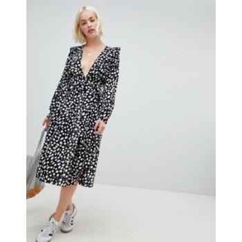 Glamorous long sleeve midi dress with flutter sleeves in smudge spot print