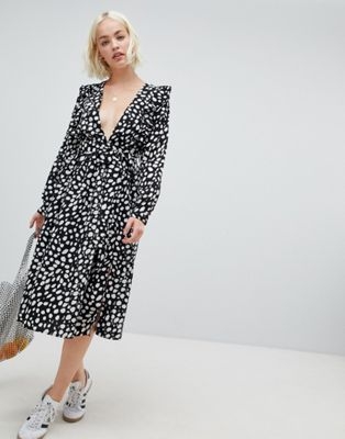 Glamorous long sleeve midi dress with flutter sleeves in smudge spot print