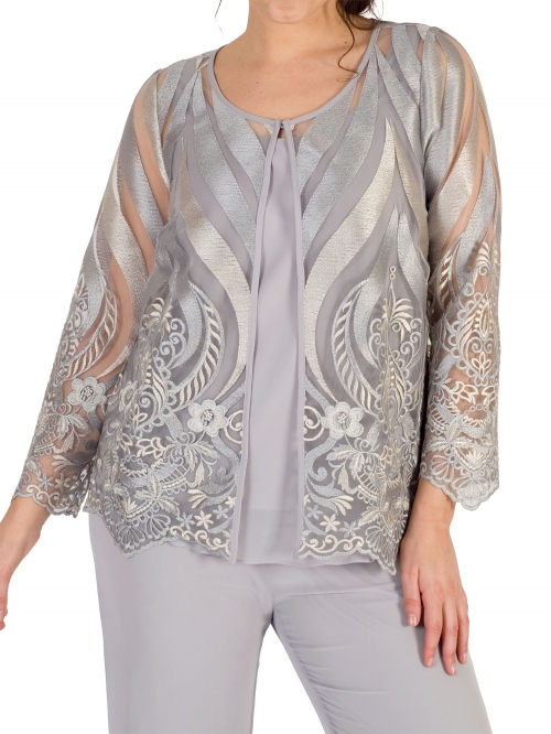 Chesca Embroidered Mesh Jacket, Soft Grey