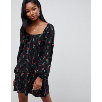 ASOS DESIGN square neck mini skater dress in cherry spot print