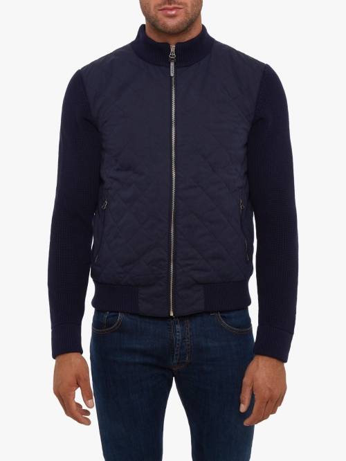 Hackett London Hybrid Knit Bomber Jacket, Navy Blue