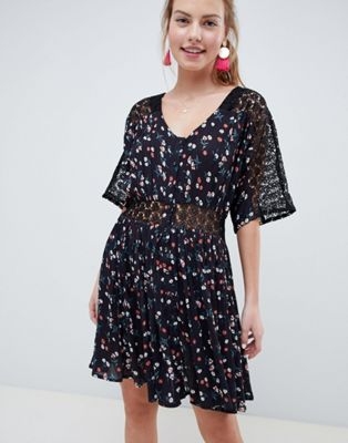 ASOS DESIGN lace insert mini casual tea dress in ditsy floral