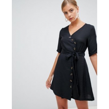 Boohoo wrap button through mini dress in black