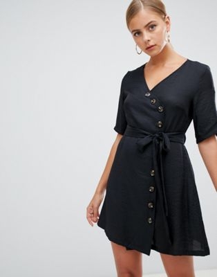 Boohoo wrap button through mini dress in black