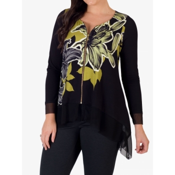 Chesca Floral Hanky Hem Top, Black/Lime