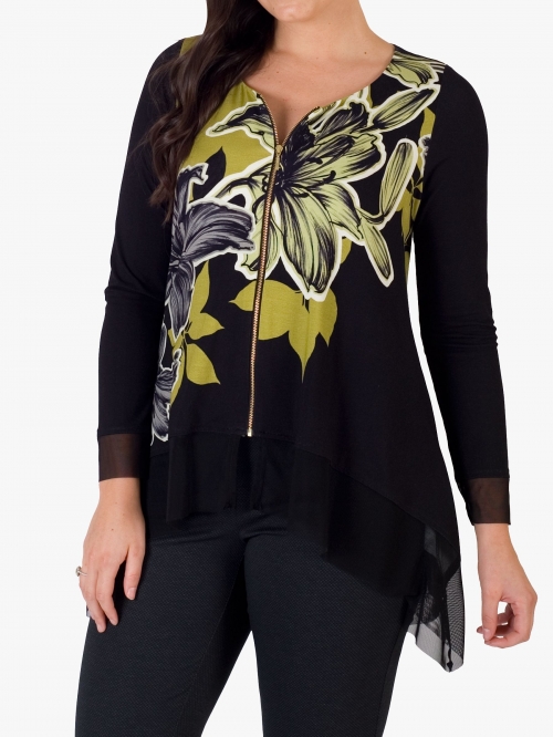 Chesca Floral Hanky Hem Top, Black/Lime