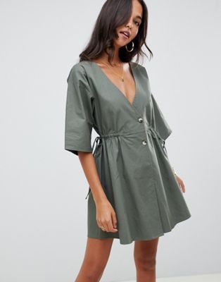 ASOS DESIGN v front v back casual smock mini dress with buttons