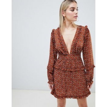 PrettyLittleThing plunge skater dress in brown geo print