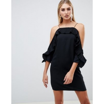 Boohoo pleat trim cold shoulder mini dress in black