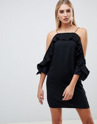 Boohoo pleat trim cold shoulder mini dress in black