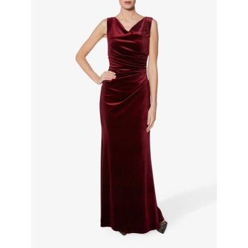 Gina Bacconi Ramona Ruche Detail Velvet Maxi Dress, Wine