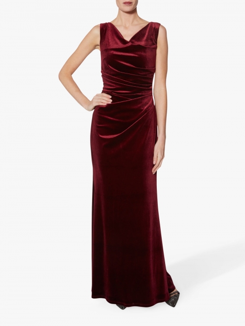 Gina Bacconi Ramona Ruche Detail Velvet Maxi Dress, Wine