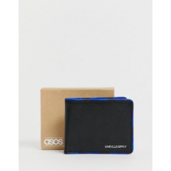 ASOS DESIGN leather bifold wallet in black with blue contrast edges