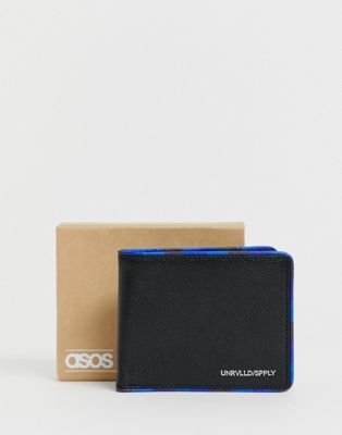 ASOS DESIGN leather bifold wallet in black with blue contrast edges