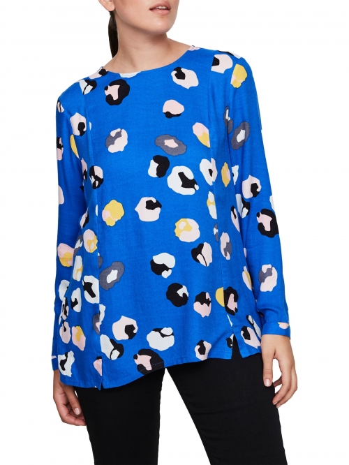 I.Scenery Curve Lien Print Blouse, Blue